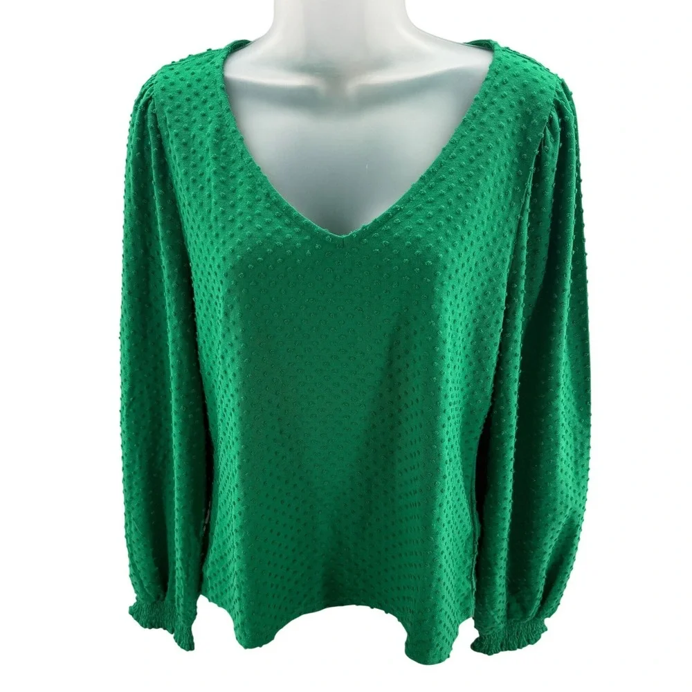 J.Crew Green Dot V-Neck Lined Blouse Smocked Cuff Womens Size Medium NEW
